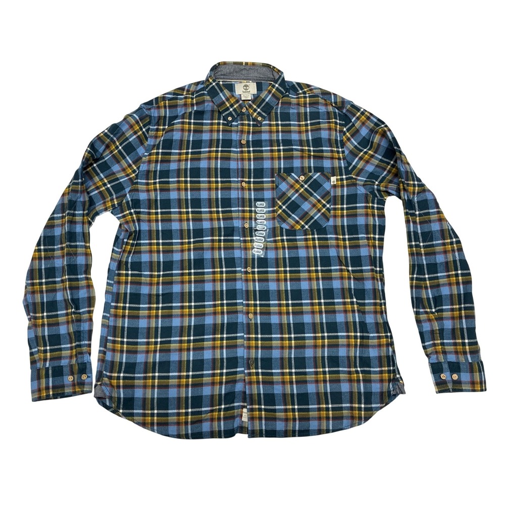 Timberland Mens XL Slim Fit Plaid Flannel Shirt Blue Yellow Cotton TB0A1B1O